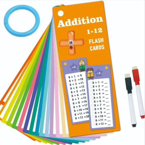 Set of 30 rainbow-colored erasable addition flashcards with a blue plastic ring and two dry-erase markers.