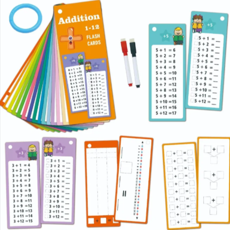 Set of colorful, erasable addition flashcards with a storage ring and two dry-erase markers on a white background.