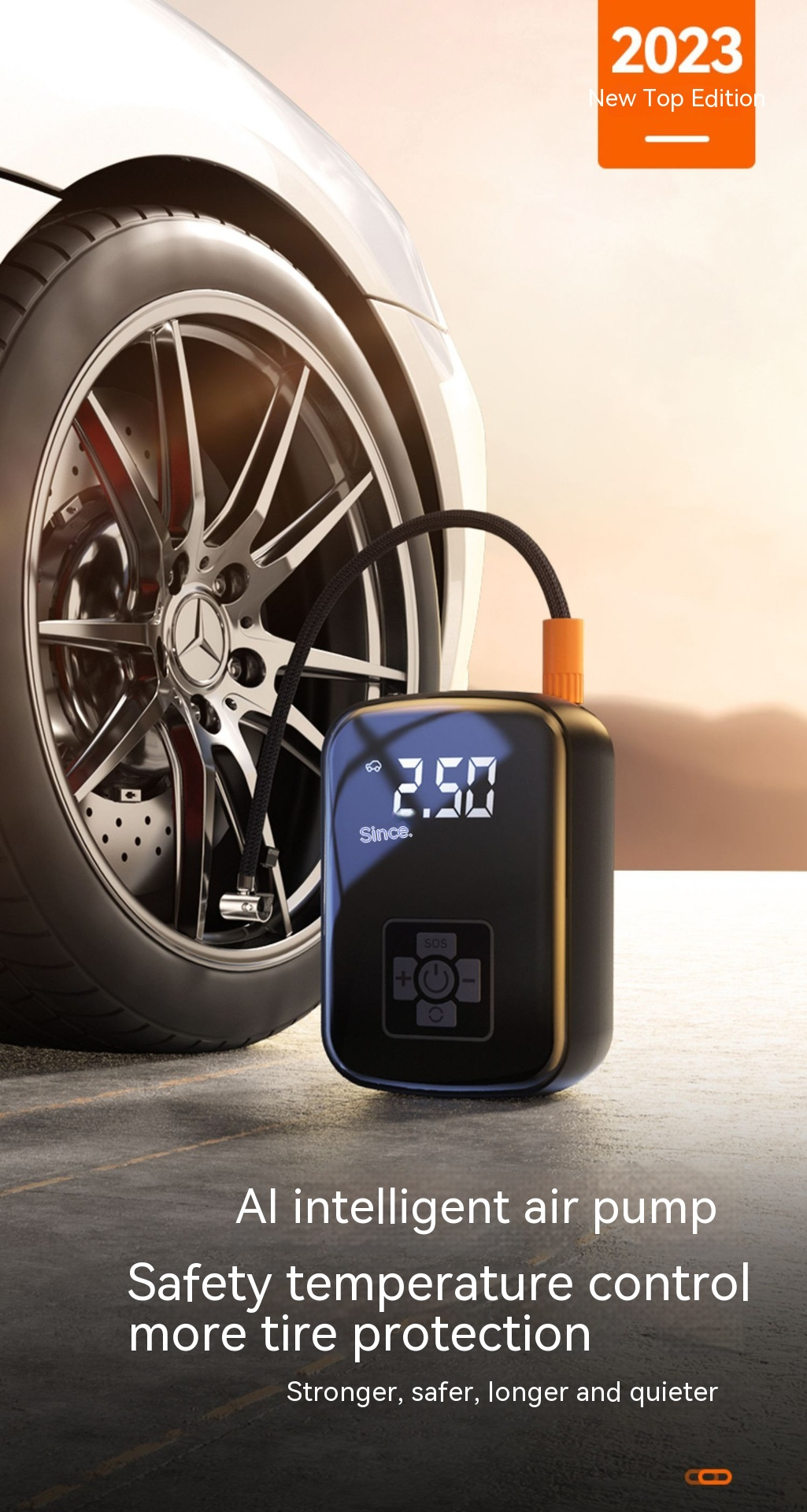 Compact black portable tire inflator with a digital display and touch controls, connected to a car tire.