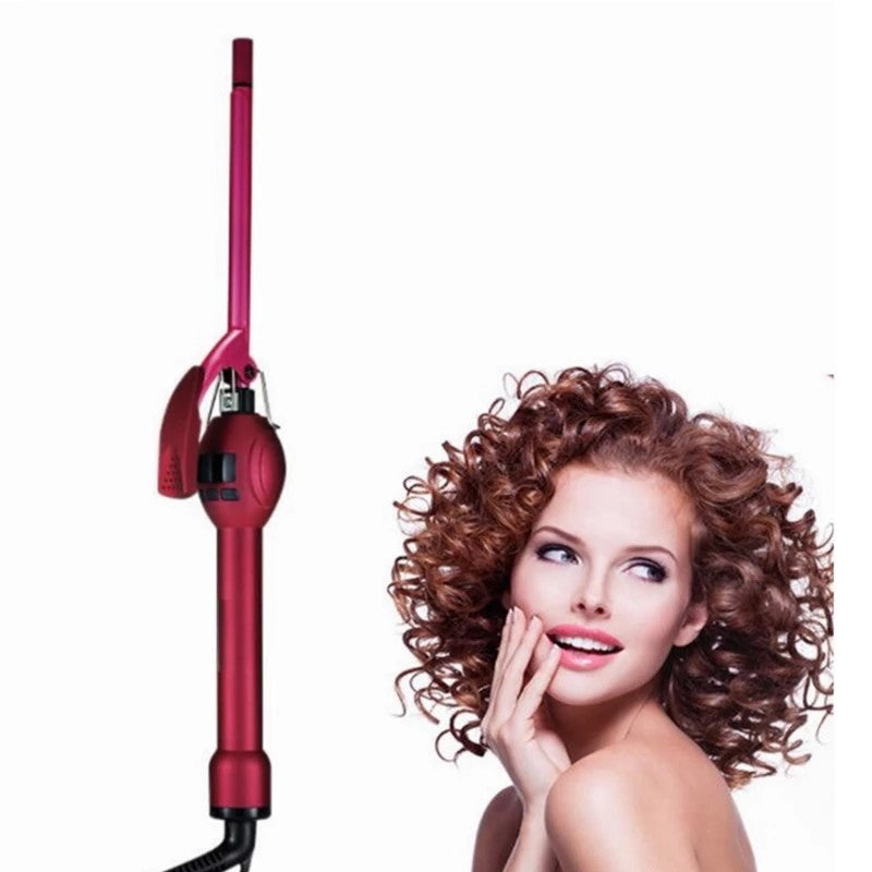 Magenta 9mm thin curling iron with LCD display next to a woman with voluminous, tight curly hair.