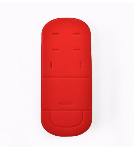 Bright red universal baby stroller seat cushion with harness slots, shown on a clean white background.