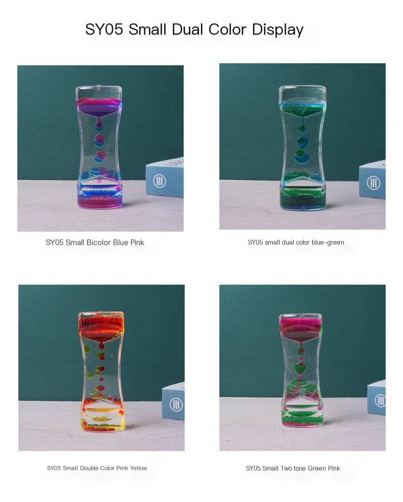 Four acrylic liquid motion timers in various color combinations, including pink-blue, blue-green, yellow-red, and pink-green.