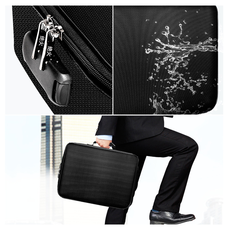 Black FlameGuard document case with combination lock, water-resistant material, and professional briefcase design.