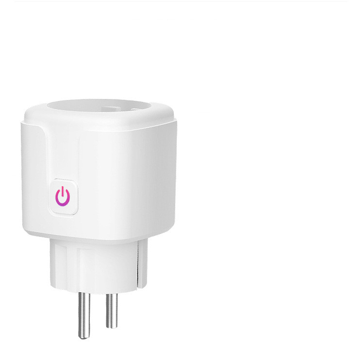 White EuroConnect smart plug with a prominent power button featuring a purple ring, set against a plain background.