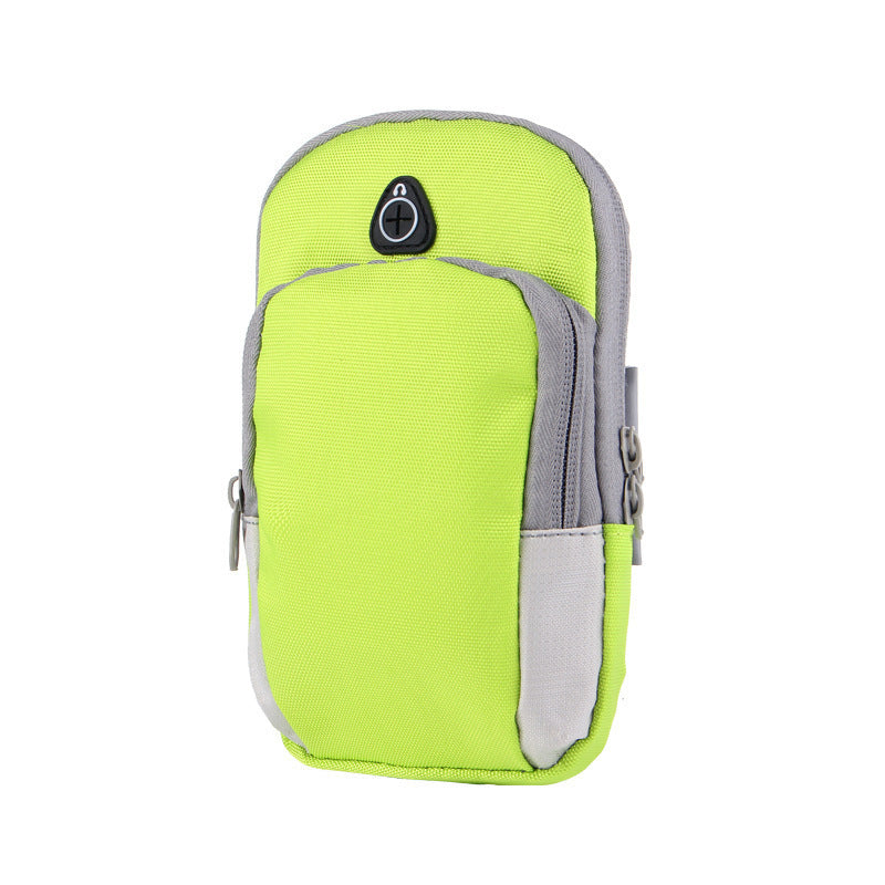 Neon yellow athletic arm pouch with gray trim, featuring a headphone port and zipper closure for outdoor exercise.