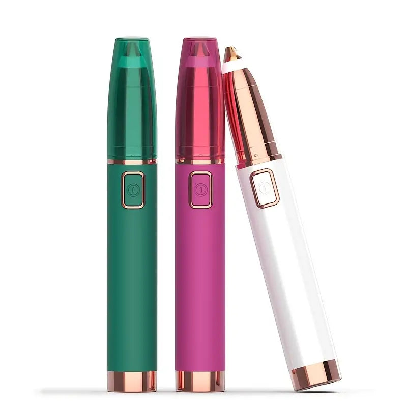 Three SmoothBrow rechargeable hair removers in green, pink, and white with gold accents and transparent caps.