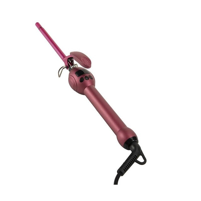 Metallic pink 9mm slim curling iron with a digital LCD screen, heat control buttons, and a professional cord.