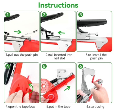 Six-step instructional diagram for a red and silver garden plant-tying tool, showing loading tape and staples.