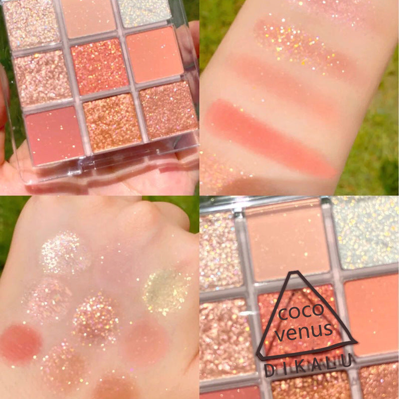 DIKALU 9-color eyeshadow palette featuring sunset-inspired coral, peach, and shimmery glitter shades with hand swatches.
