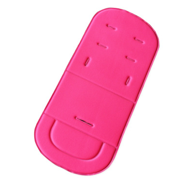 Bright pink universal cotton baby stroller seat pad with harness slots, isolated on a white background.