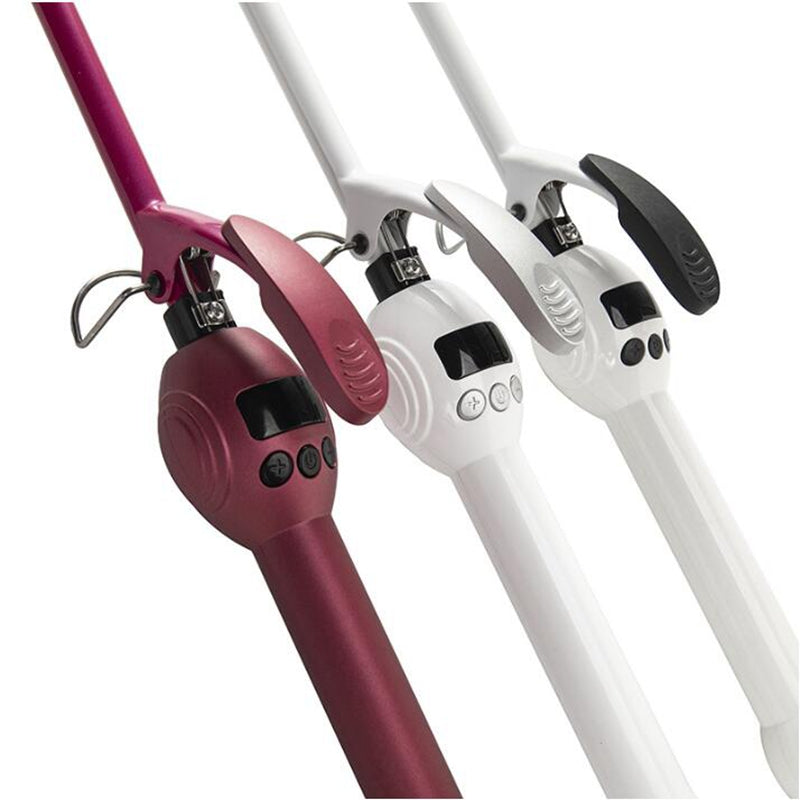 Three 9mm slim curling irons in maroon, white, and black with digital LCD screens and control buttons.