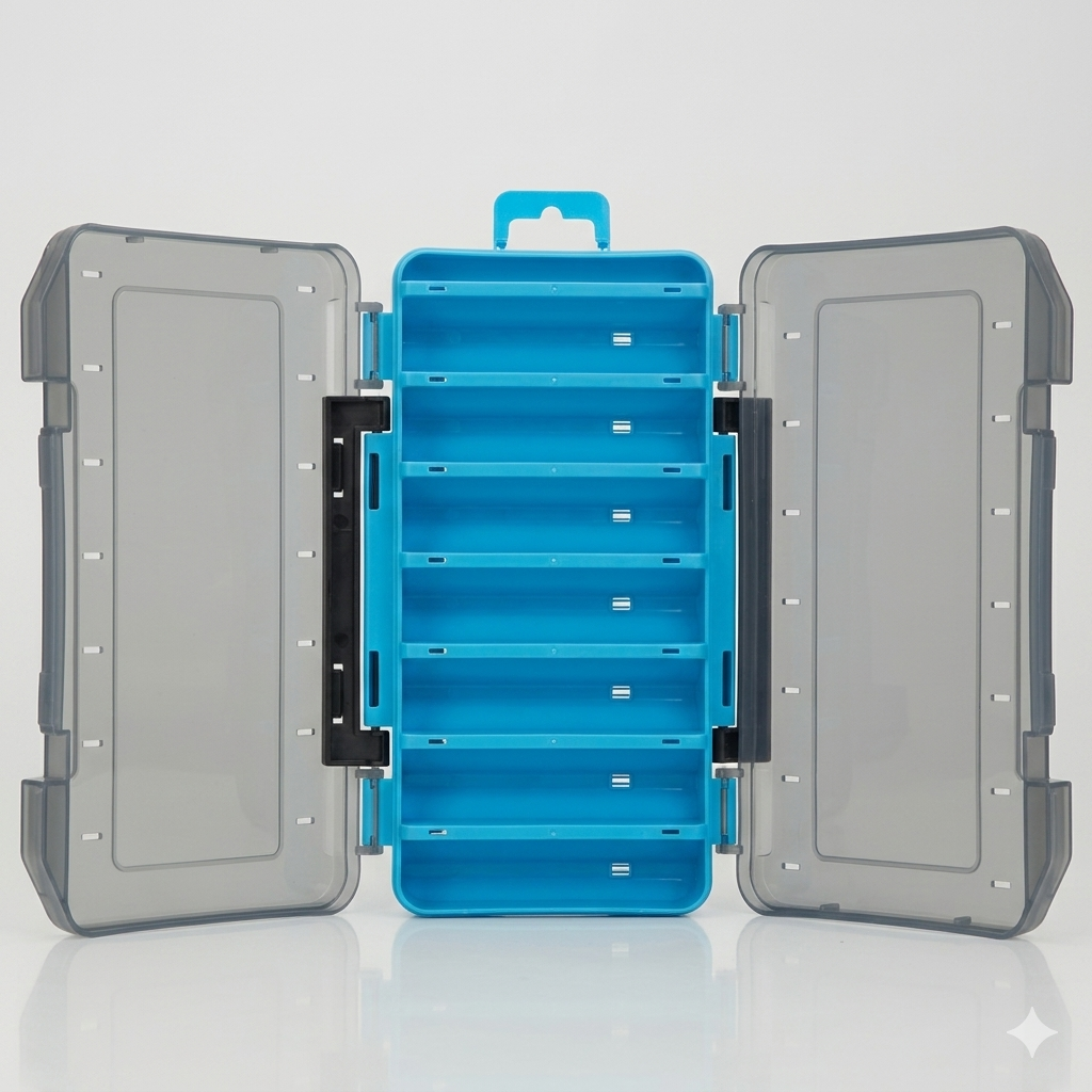 Twin-sided tackle box with a bright blue interior featuring horizontal slots and translucent dark grey hinged lids.