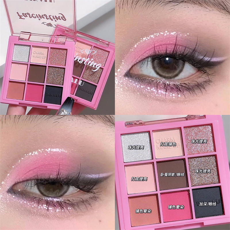 DIKALU 9-color eyeshadow palette in a pink case featuring matte and glitter shades, shown with a pink eye makeup look.