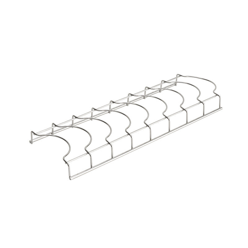 Sleek stainless steel dish rack with a minimalist wire frame design featuring evenly spaced curved plate dividers.