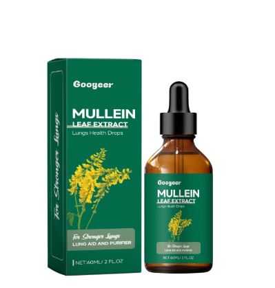 Googear Mullein Leaf Extract liquid drops in a dark amber glass bottle next to its green box with yellow flower art.
