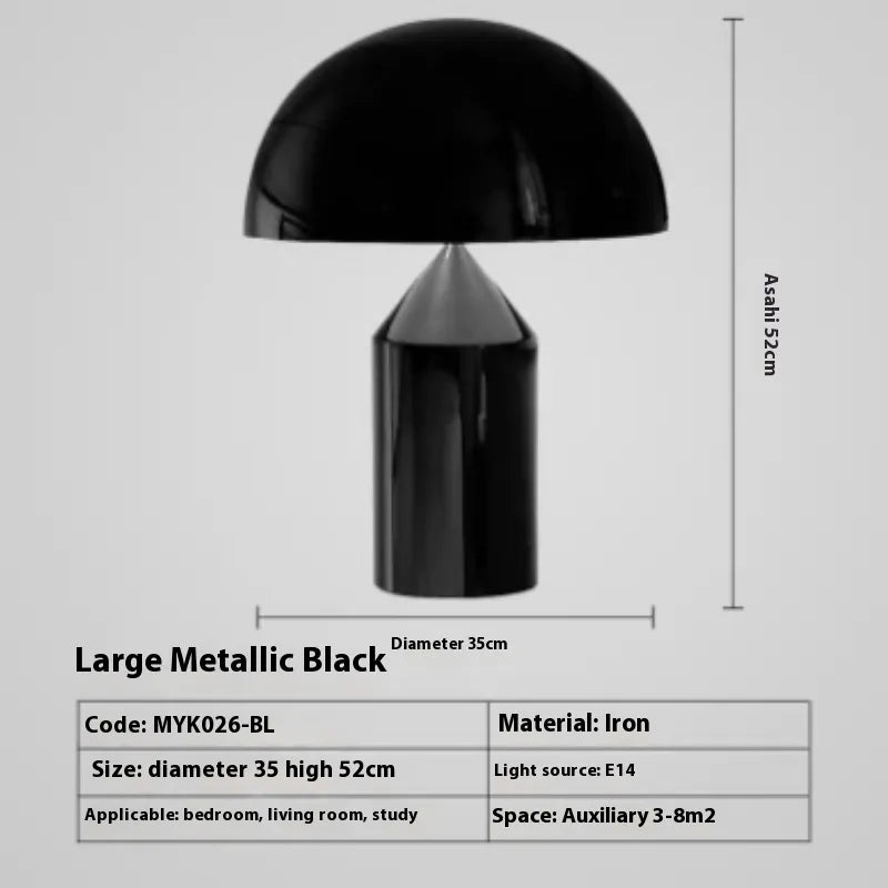 Modern black metal mushroom-style desk lamp with a glossy domed shade and cylindrical base, 52cm high.