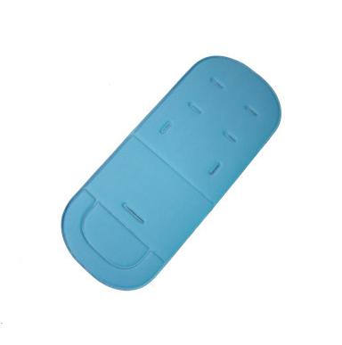 Light blue universal cotton baby stroller seat pad with multiple harness slots, isolated on a white background.