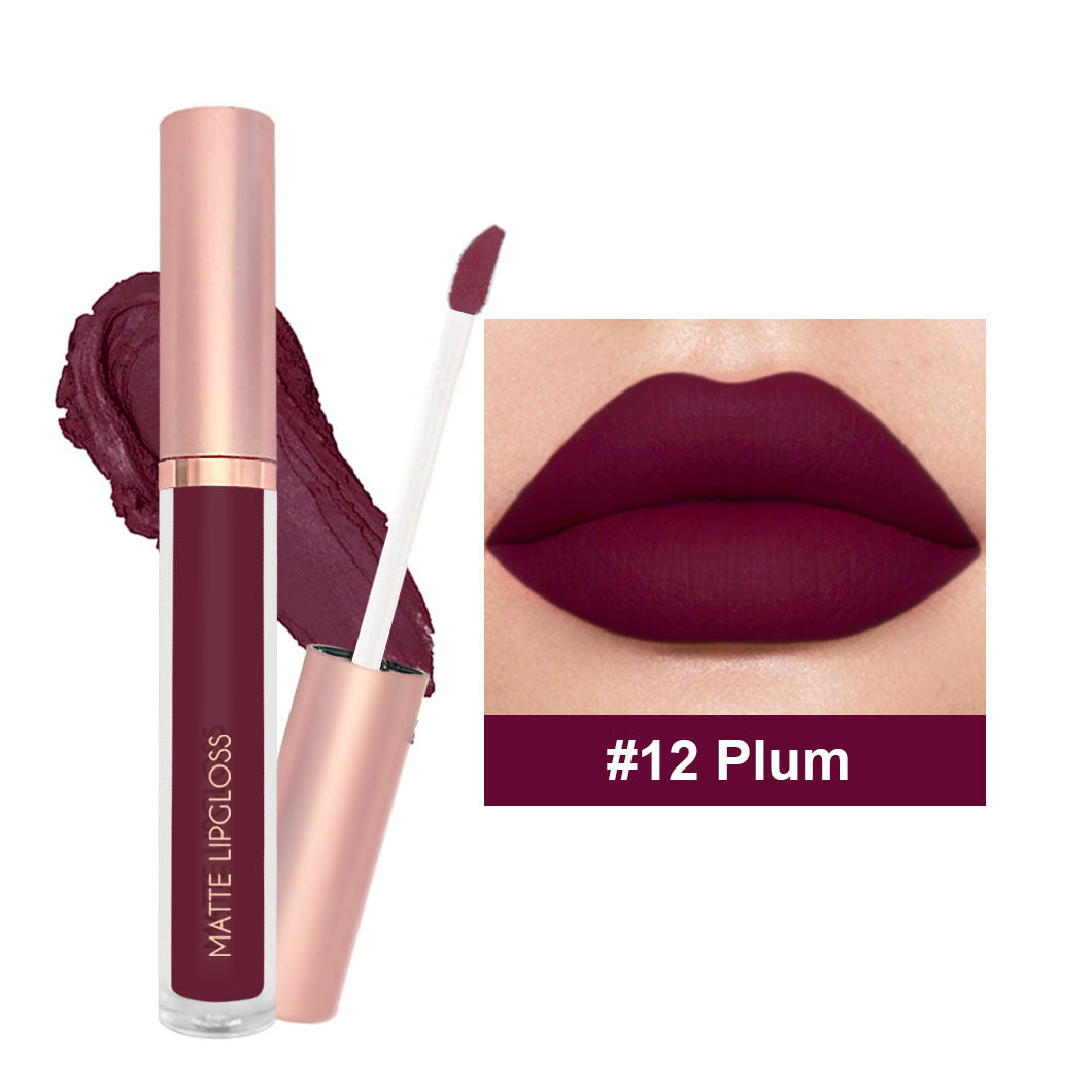 Plum-colored matte liquid lipstick with applicator, shown with a product swatch and model wearing the shade.