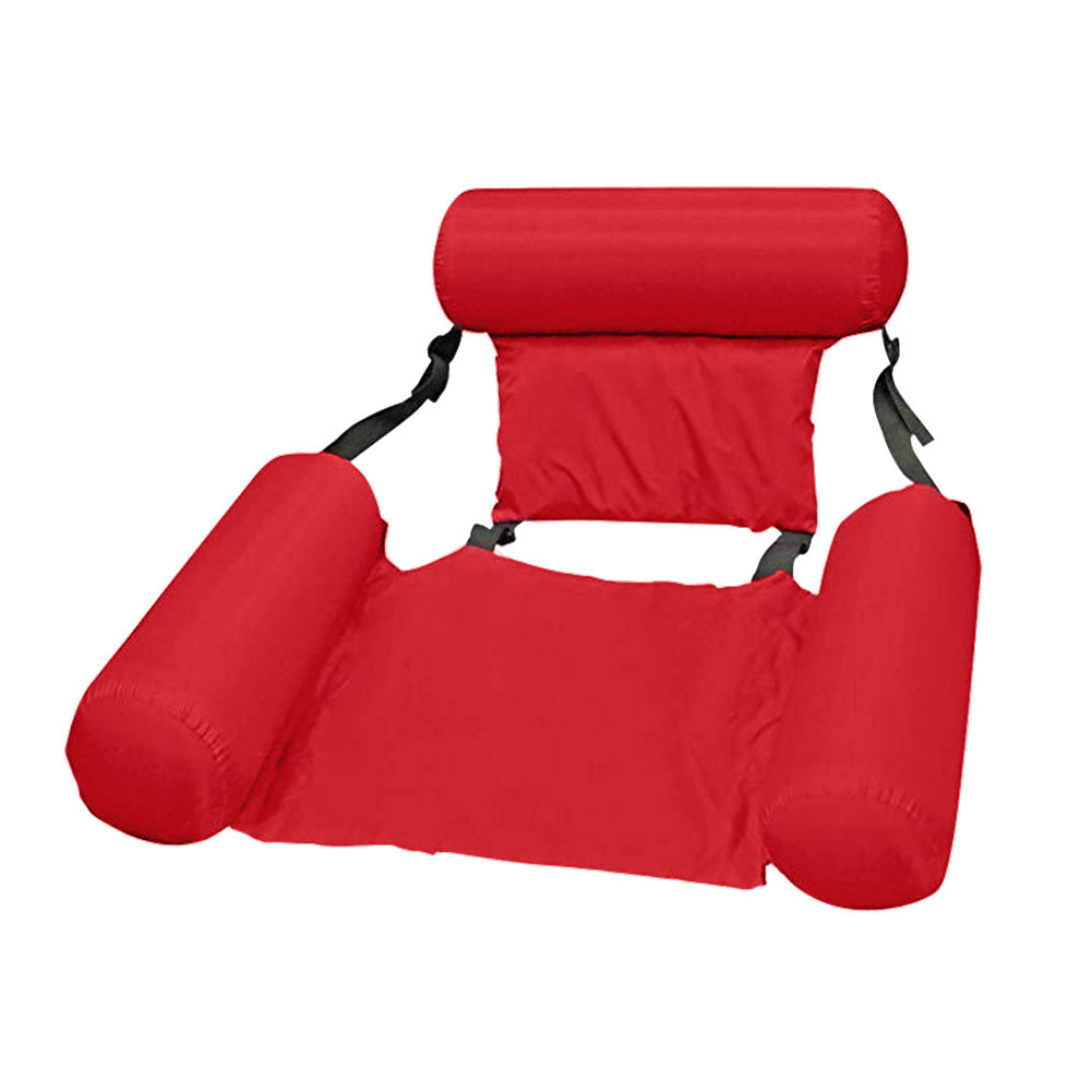 Bright red inflatable water lounger hammock with a cushioned headrest, seat, and side armrests on black adjustable straps.