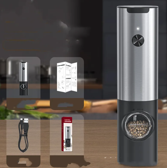 EasyGrind electric pepper mill in stainless steel and matte black, featuring a clear viewing window and charging cable.