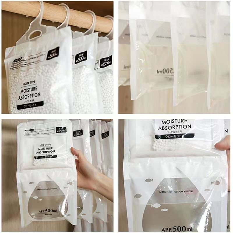 Clear plastic hanging dehumidifier bags filled with moisture-absorbing white beads, featuring 500ml capacity markings.