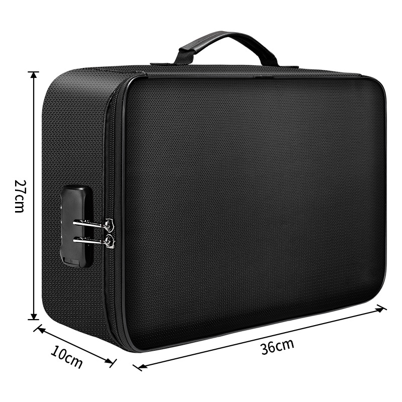 Black, textured FlameGuard document case with a top handle, zipper closure, and combination lock, sized 36x27x10cm.