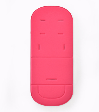 Hot pink universal cotton stroller seat pad with multiple harness slots on a plain white background.
