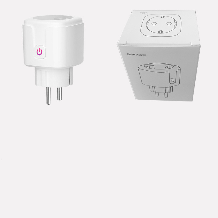 White EuroConnect smart socket with a power button and its matching product packaging box.