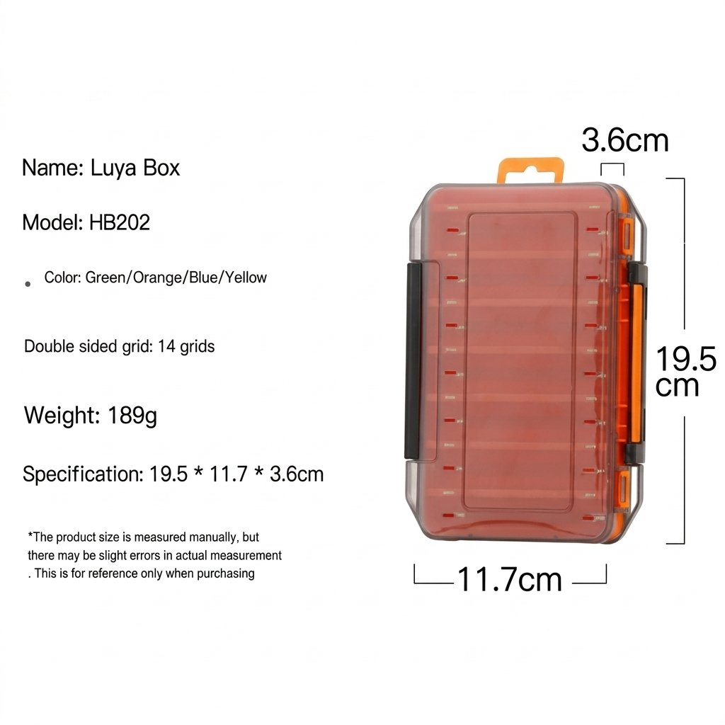 Tough twin-sided fishing tackle organizer with 14 transparent orange grids and black latches, showing its dimensions.