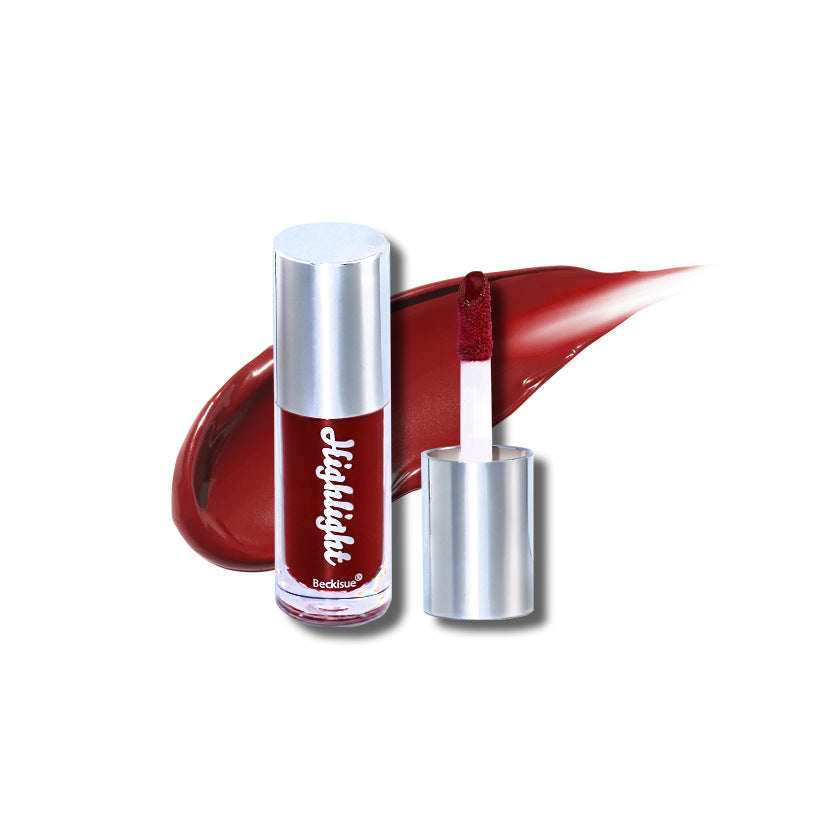 Deep red lip gloss tube with silver cap, labeled "Highlight," beside its applicator wand with a glossy red swipe.