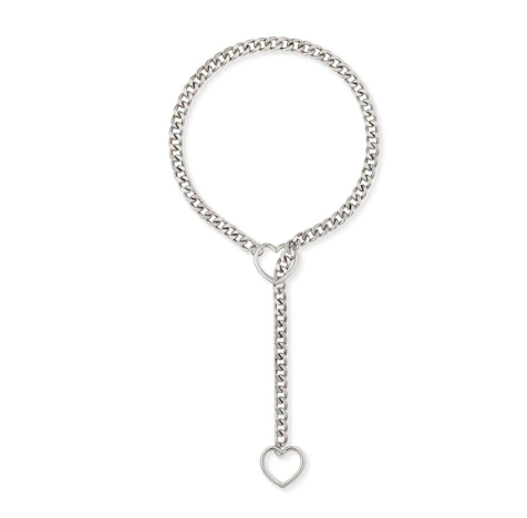 Silver-tone curb chain lariat necklace featuring two heart-shaped links and a dangling heart charm.