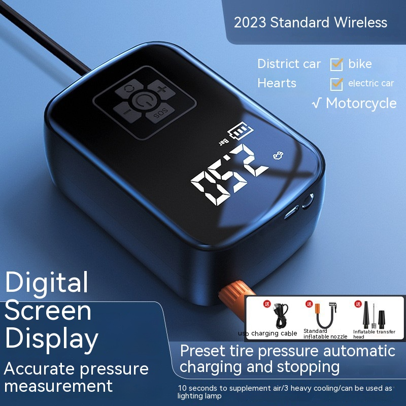 Black portable Auto AirGo tire inflator with digital display, control buttons, and various nozzle attachments.