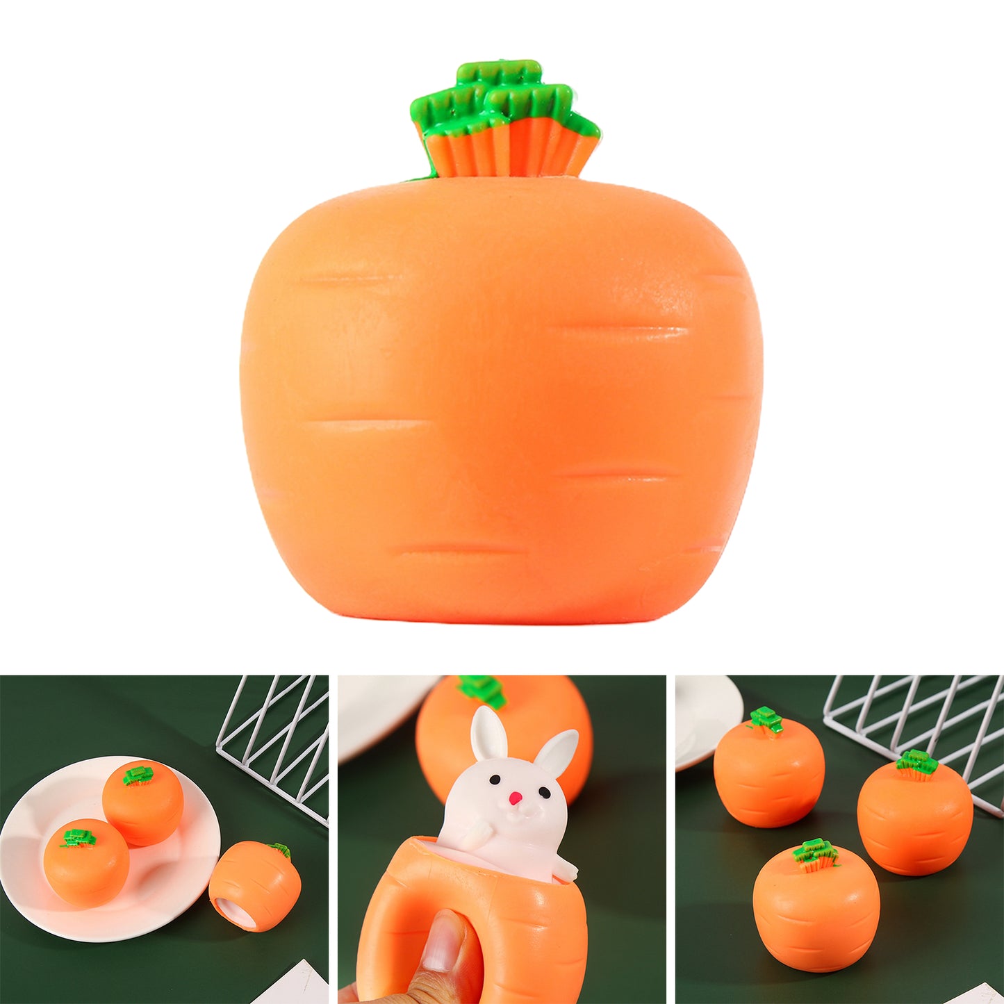 Squishy orange carrot stress toy that pops up a small white bunny when squeezed.