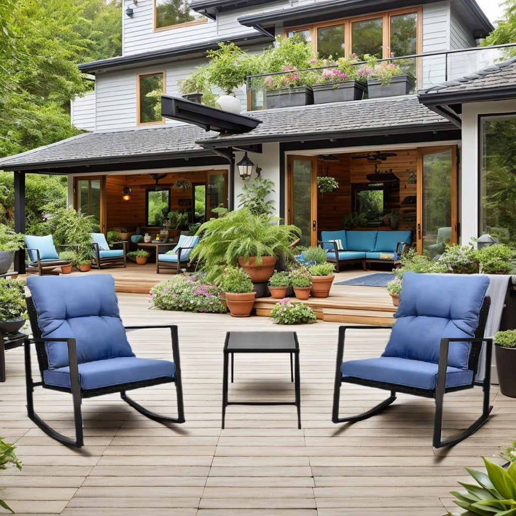 3 Pieces Patio Bistro Set Outdoor Rocking Chair with Blue Cushion for Yard Garden Poolside by HouseOfZazla