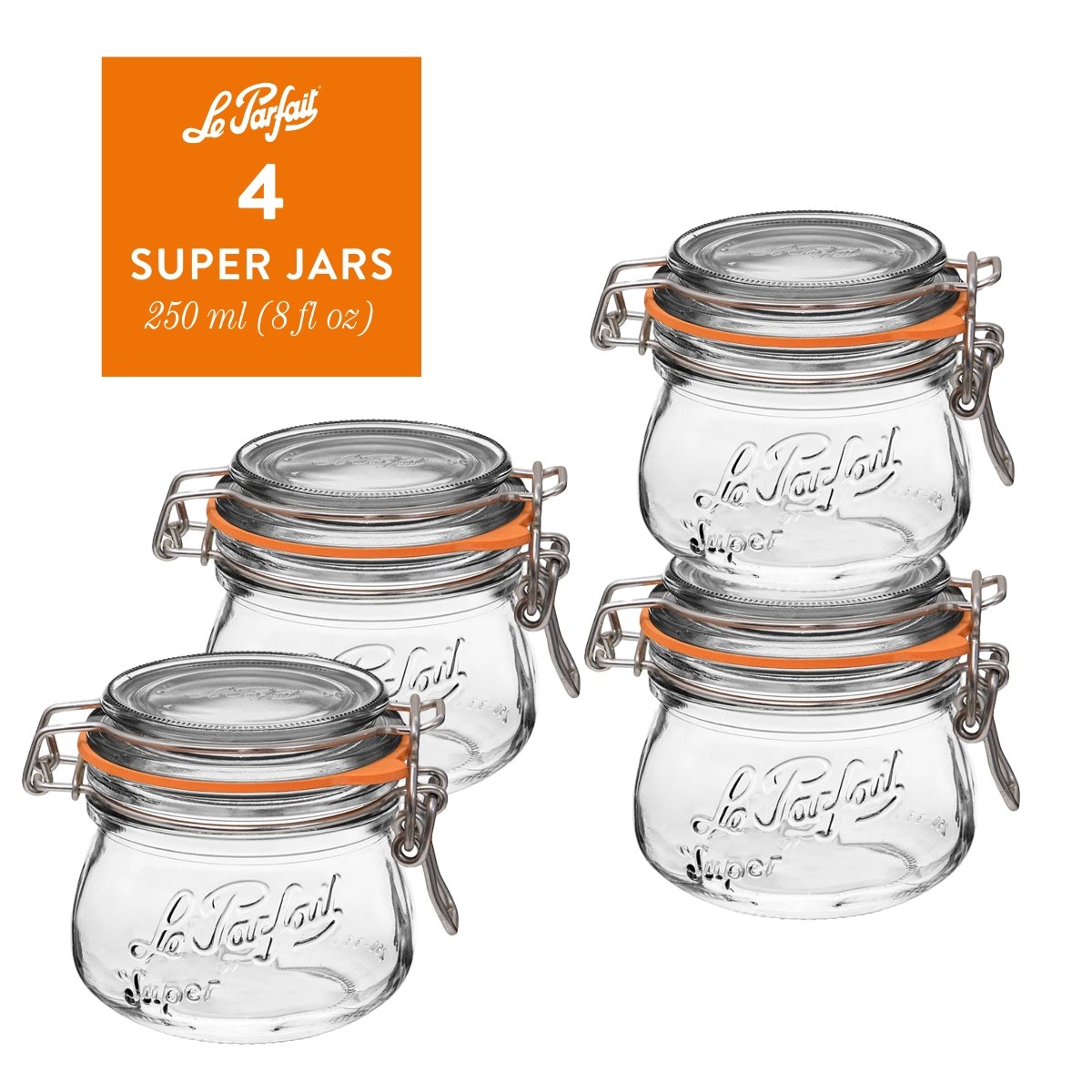 Le Parfait Super Jars, French Glass Canning Jars with Stainless Wire-Bail Clamp Lid by Le Parfait America