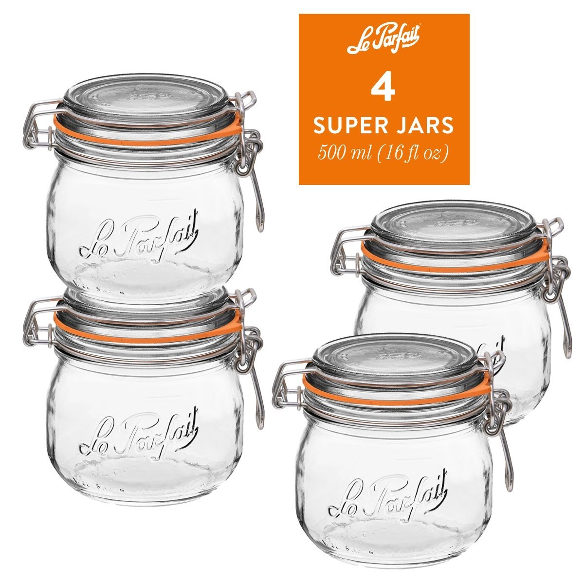 Le Parfait Super Jars, French Glass Canning Jars with Stainless Wire-Bail Clamp Lid by Le Parfait America