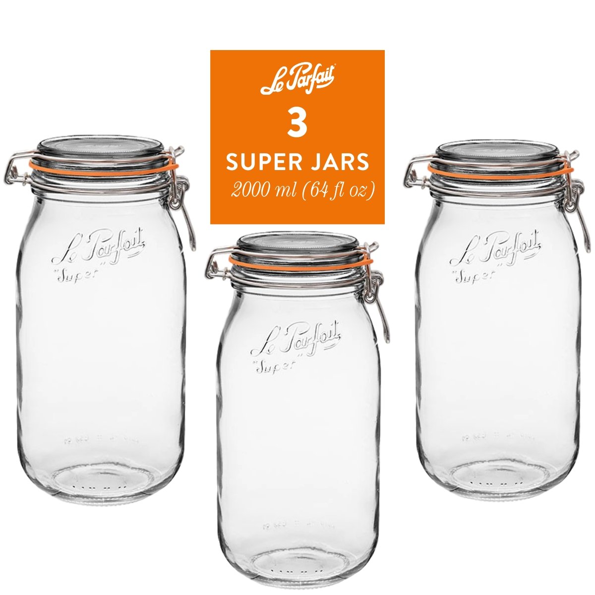 Le Parfait Super Jars, French Glass Canning Jars with Stainless Wire-Bail Clamp Lid by Le Parfait America