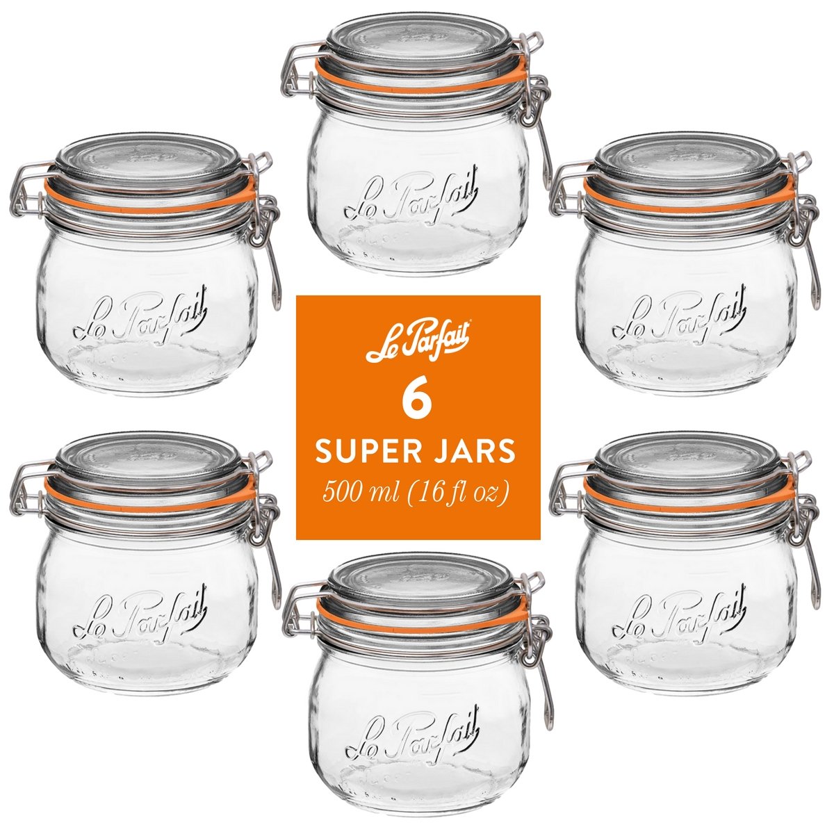 Le Parfait Super Jars, French Glass Canning Jars with Stainless Wire-Bail Clamp Lid by Le Parfait America