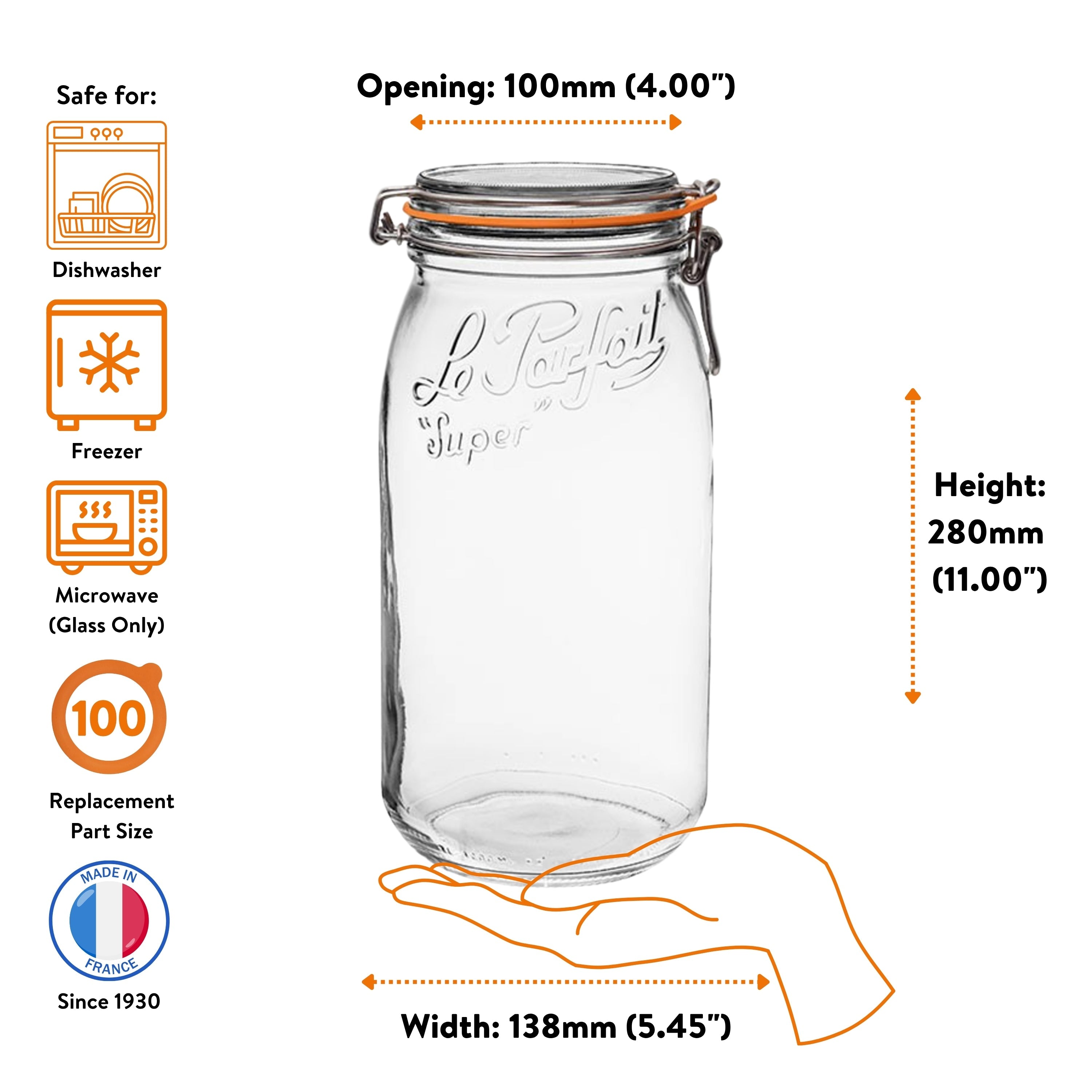 Le Parfait Super Jars, French Glass Canning Jars with Stainless Wire-Bail Clamp Lid by Le Parfait America