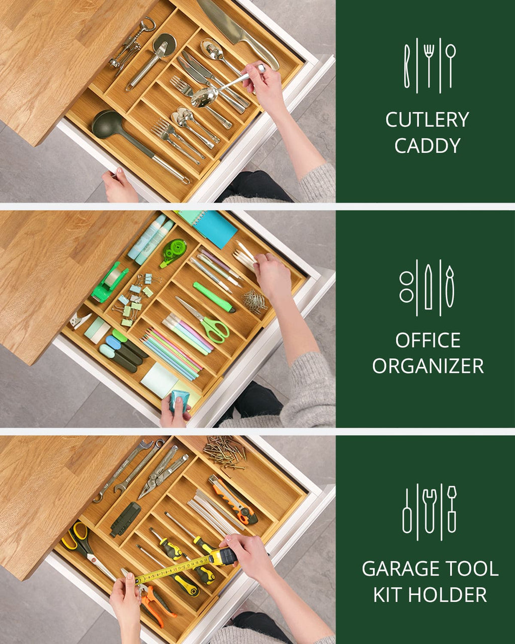 Silverware Drawer Organizer, Natural (9 Slots) by Royal Craft Wood