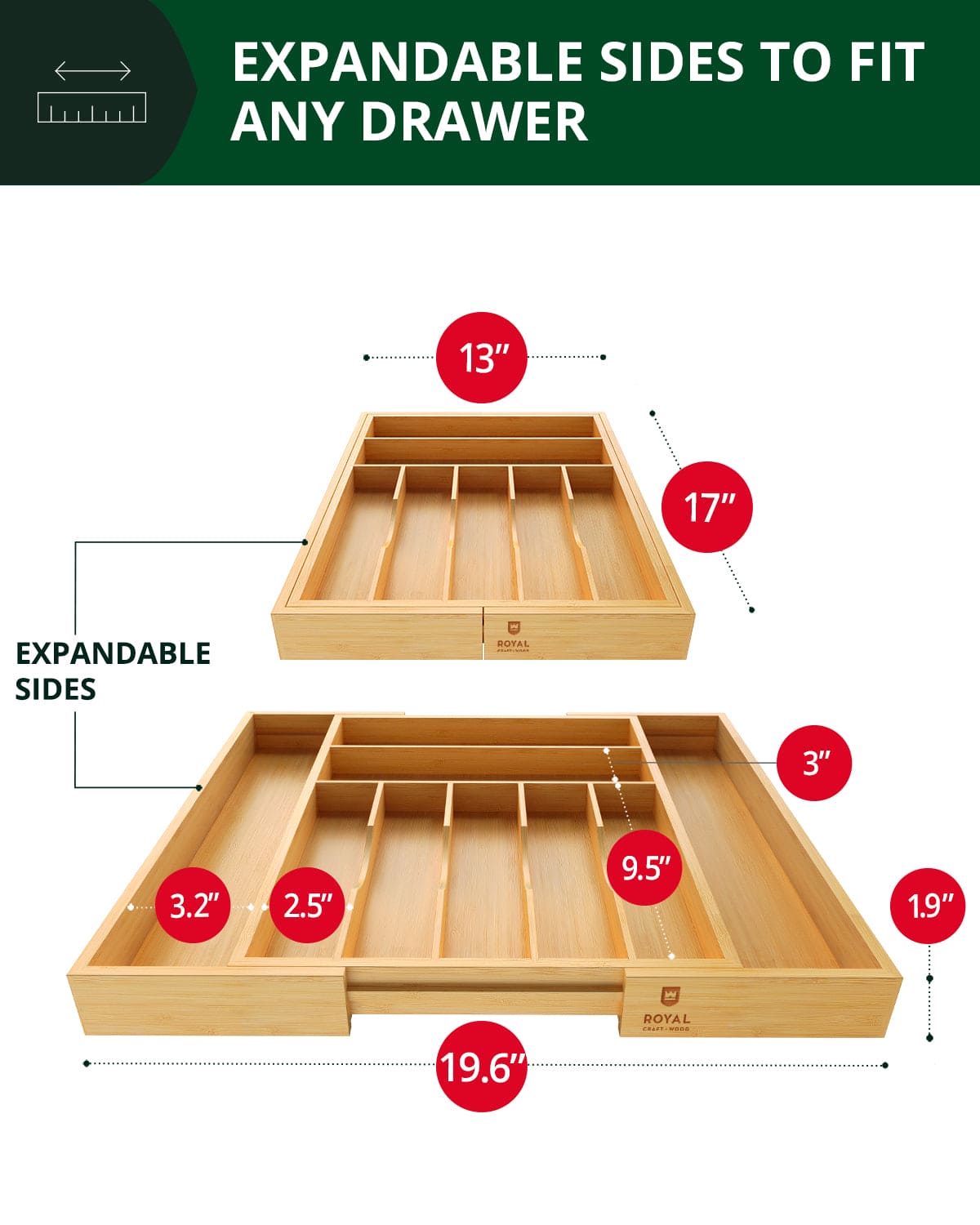 Silverware Drawer Organizer, Natural (9 Slots) by Royal Craft Wood