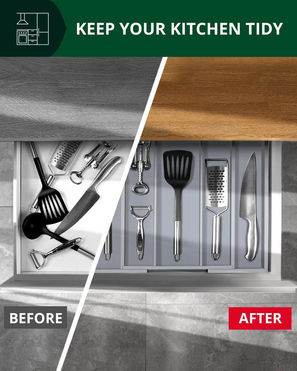 Utensil Drawer Organizer, Gray (5 Slots) by Royal Craft Wood