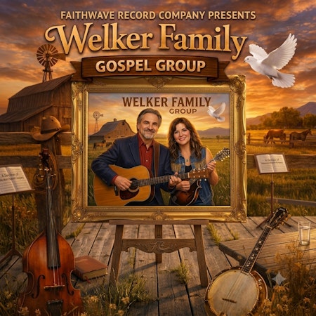 Digital music album cover featuring a man and woman playing acoustic instruments within a golden frame on a rustic farm.